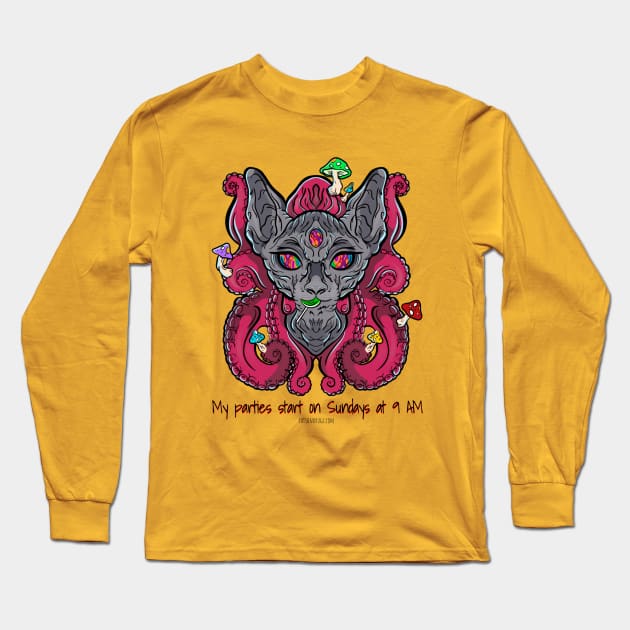 My parties start on Sundays at 9AM - Catsondrugs.com - rave, edm, festival, techno, trippy, music, 90s rave, psychedelic, party, trance, rave music, rave krispies, rave Long Sleeve T-Shirt by catsondrugs.com